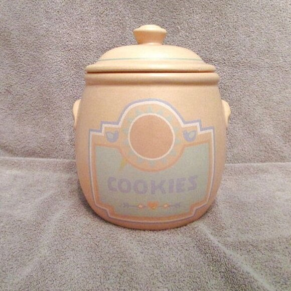 11" Treasure Craft SOUTHWEST Aztec COOKIE JAR Barrel Canister LID Pastel VTG 80s - Picture 1 of 11